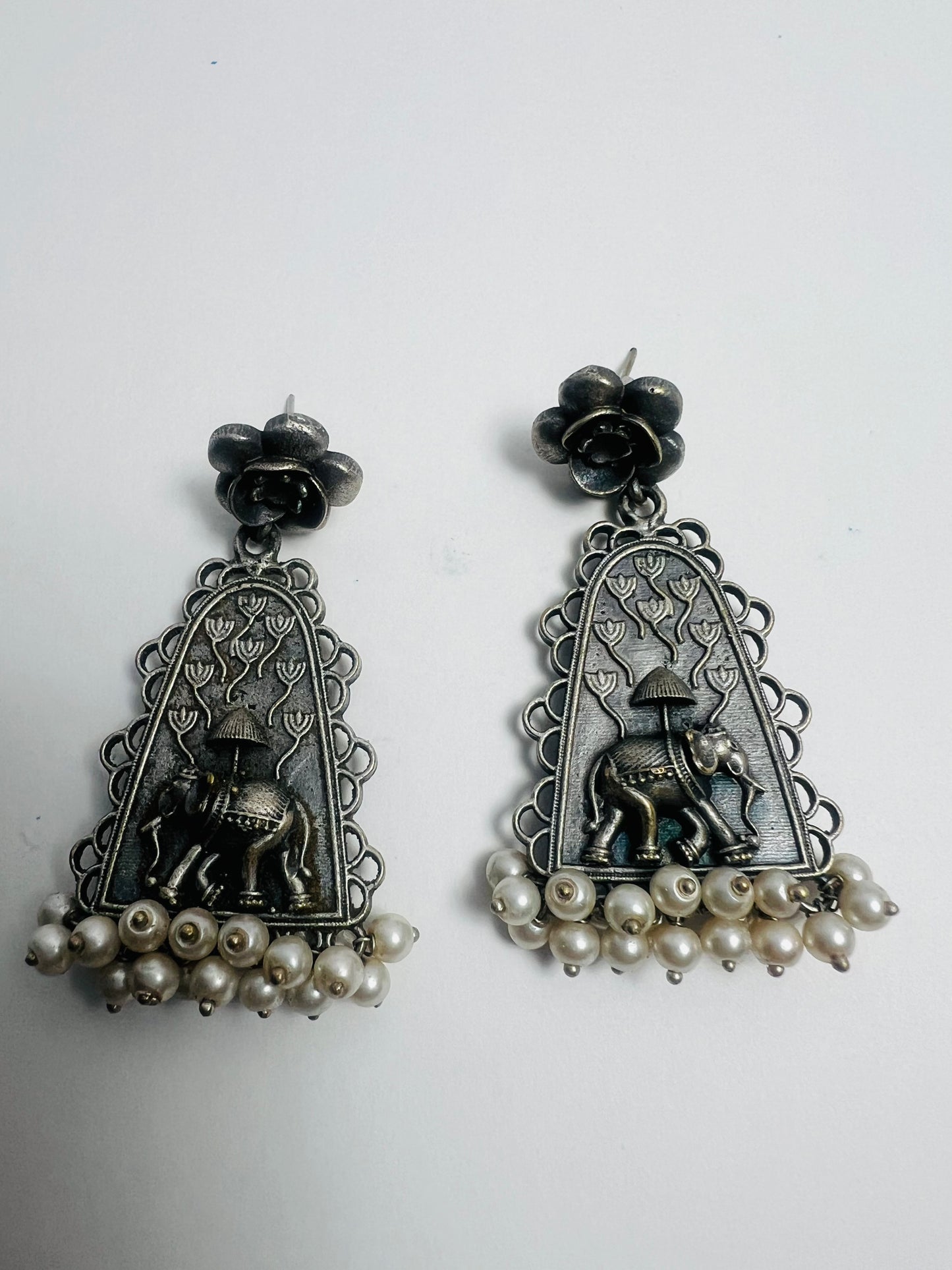 German Silver Elephant & Flower Earrings