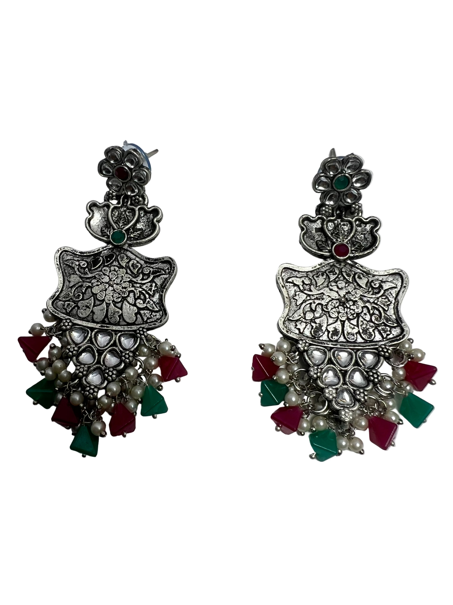 German Silver Maroon & Green Earrings