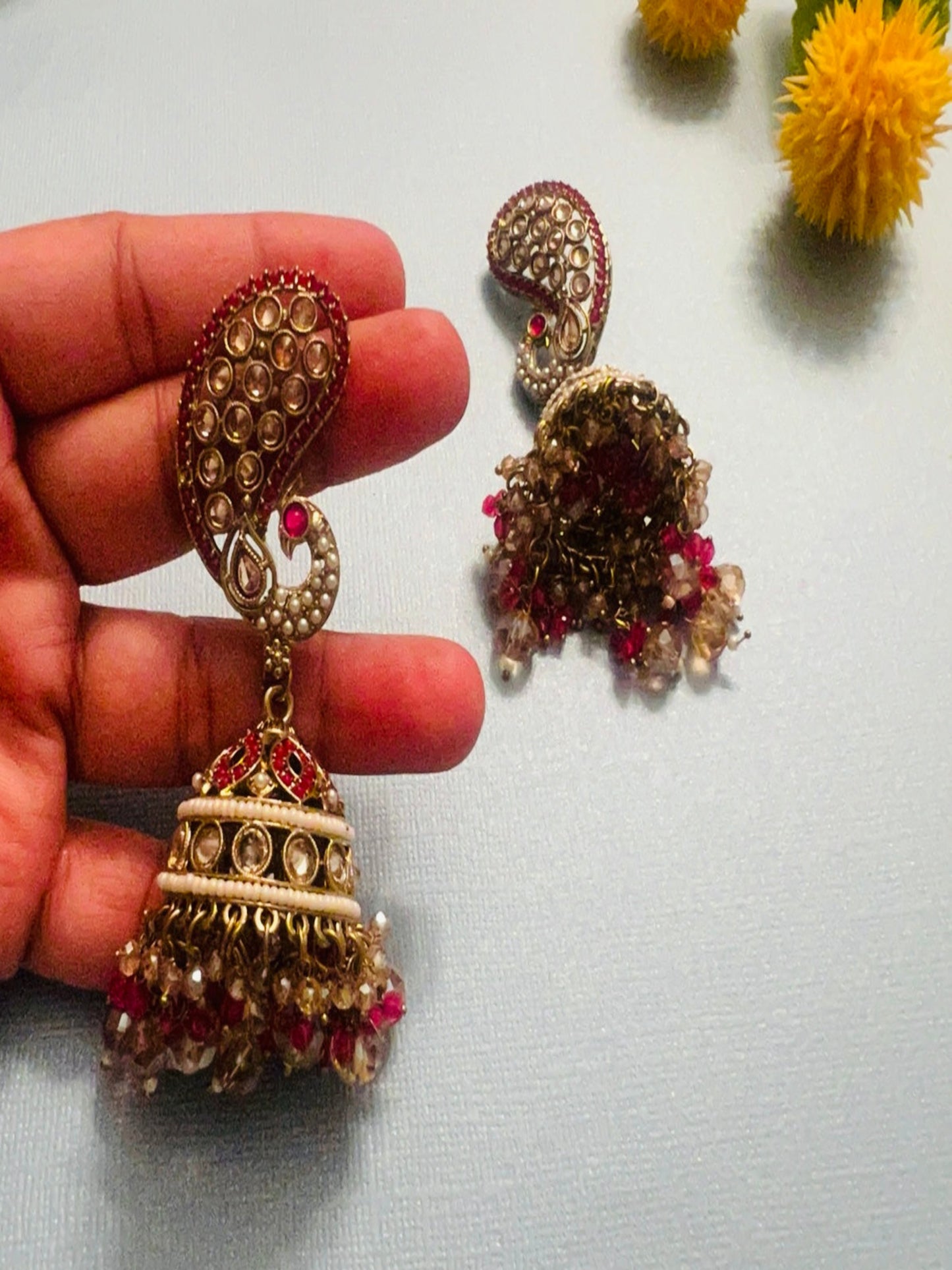 Jhumka Blue/Pink Beads Earrings