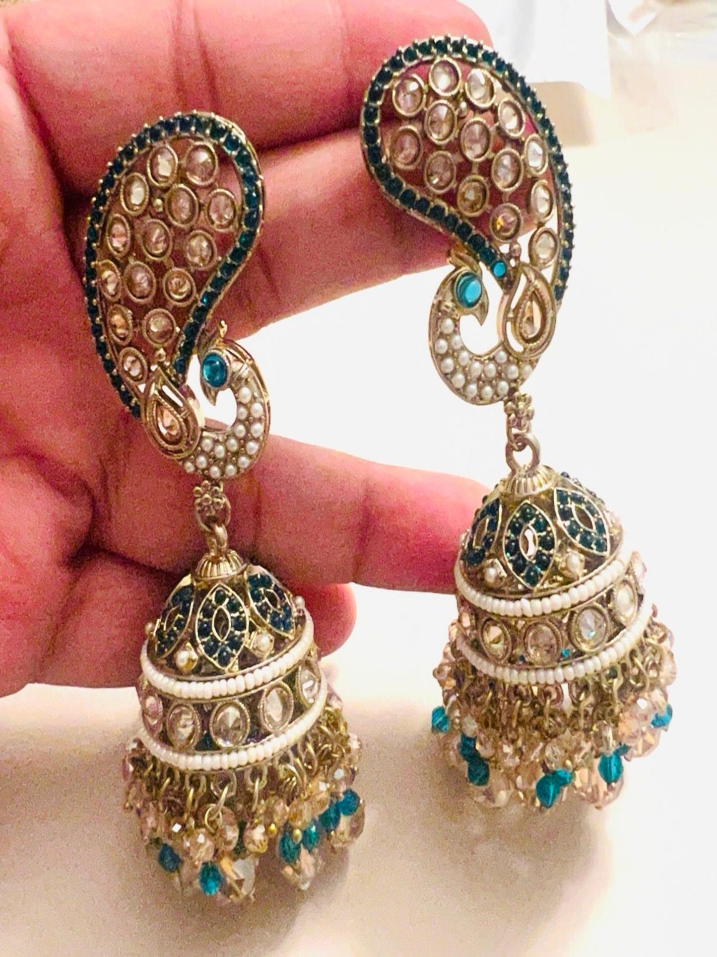 Jhumka Blue/Pink Beads Earrings