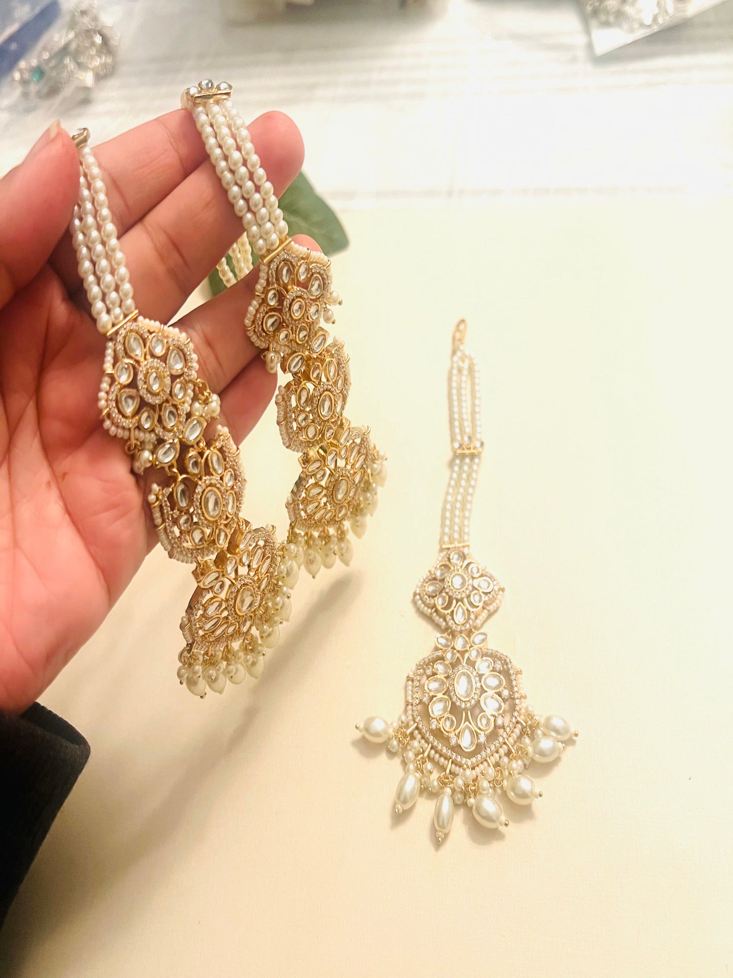 Pearl and Kundan Earrings with Maang Tikka