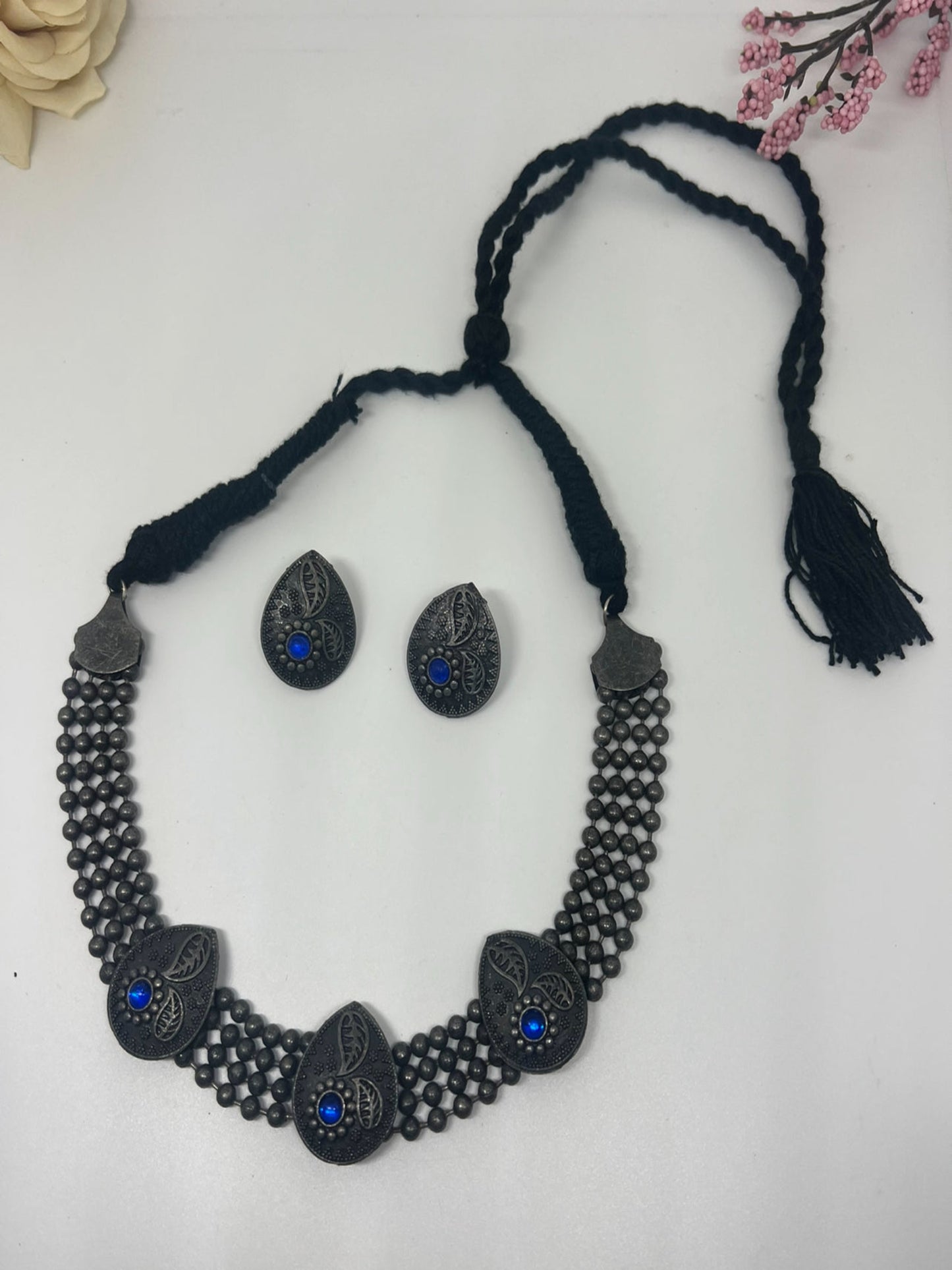 Oxidize Blue Stone Choker/Necklace Set