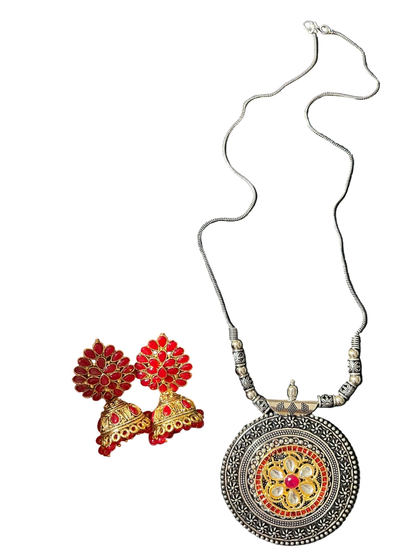 German Silver Pendant Necklace with Jhumka earring
