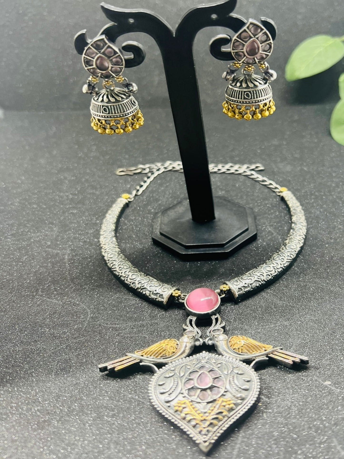 Dual Tone Choker Necklace with Jhumka Earrings.