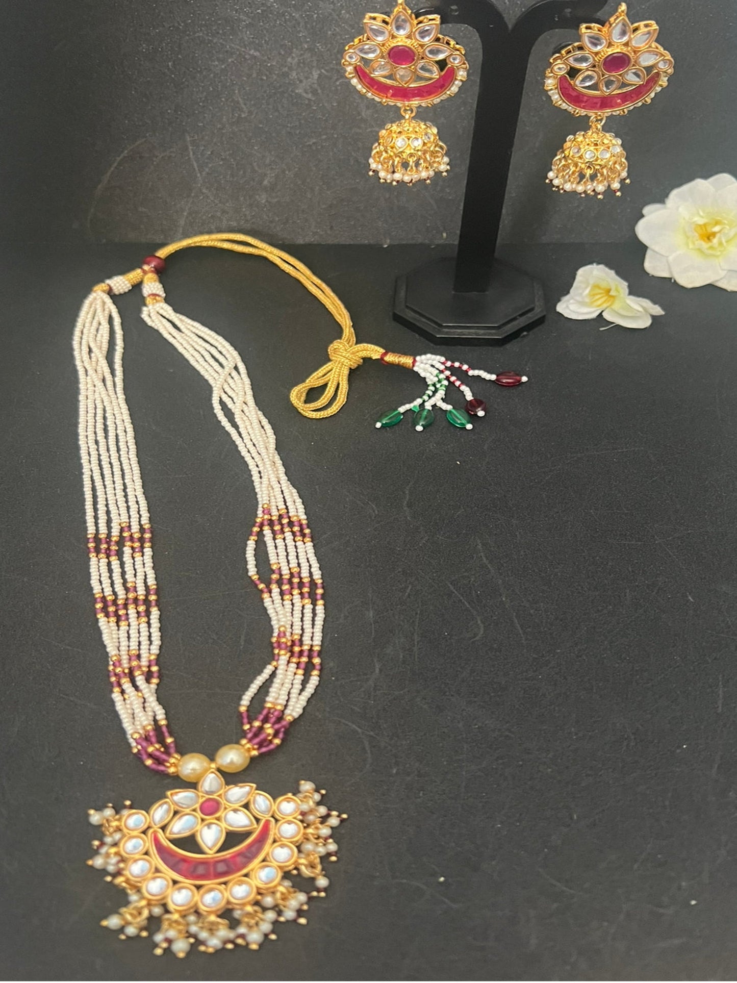 Long Pearl Kundan Necklace with chandbali Earrings