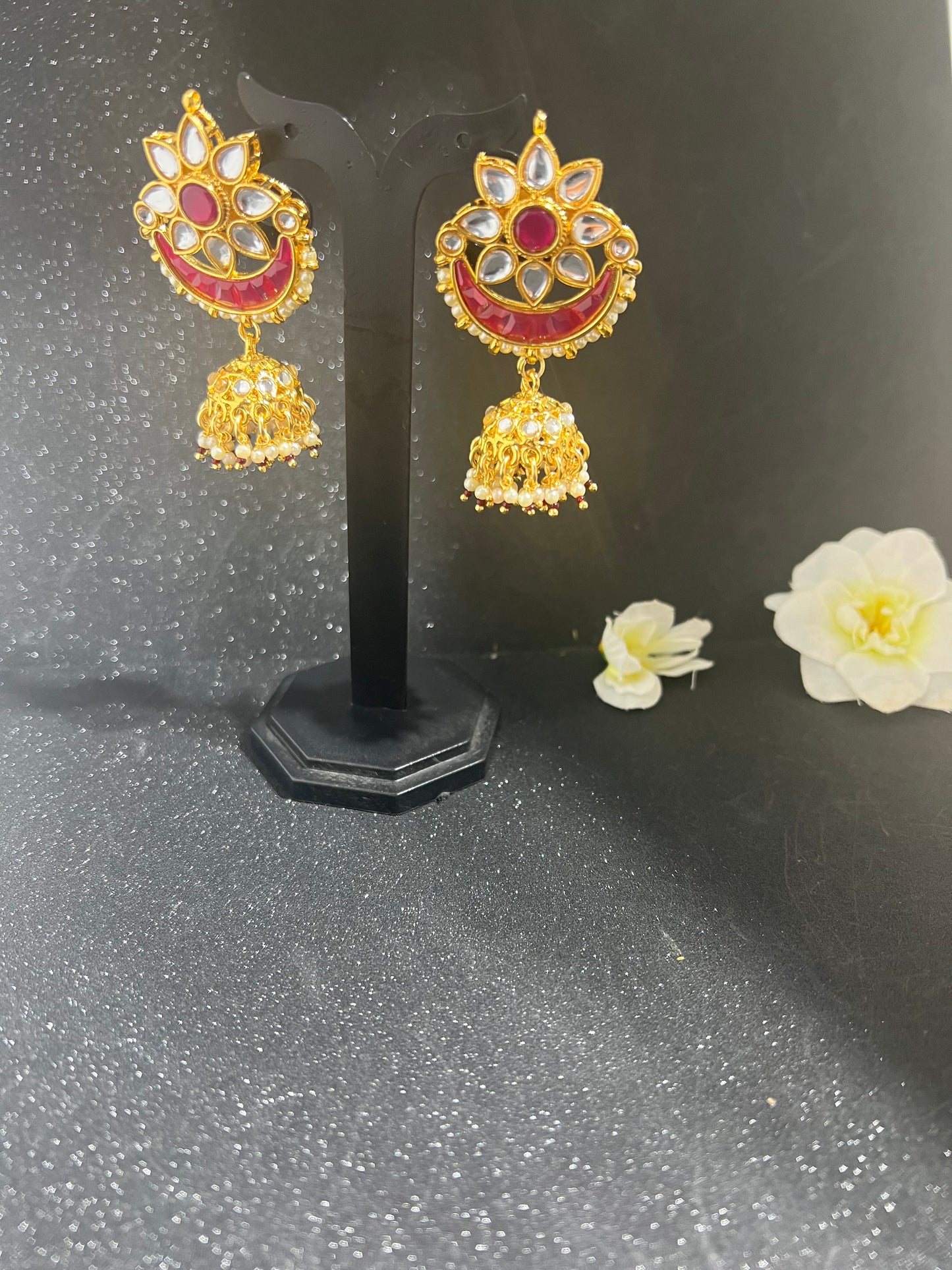 Long Pearl Kundan Necklace with chandbali Earrings