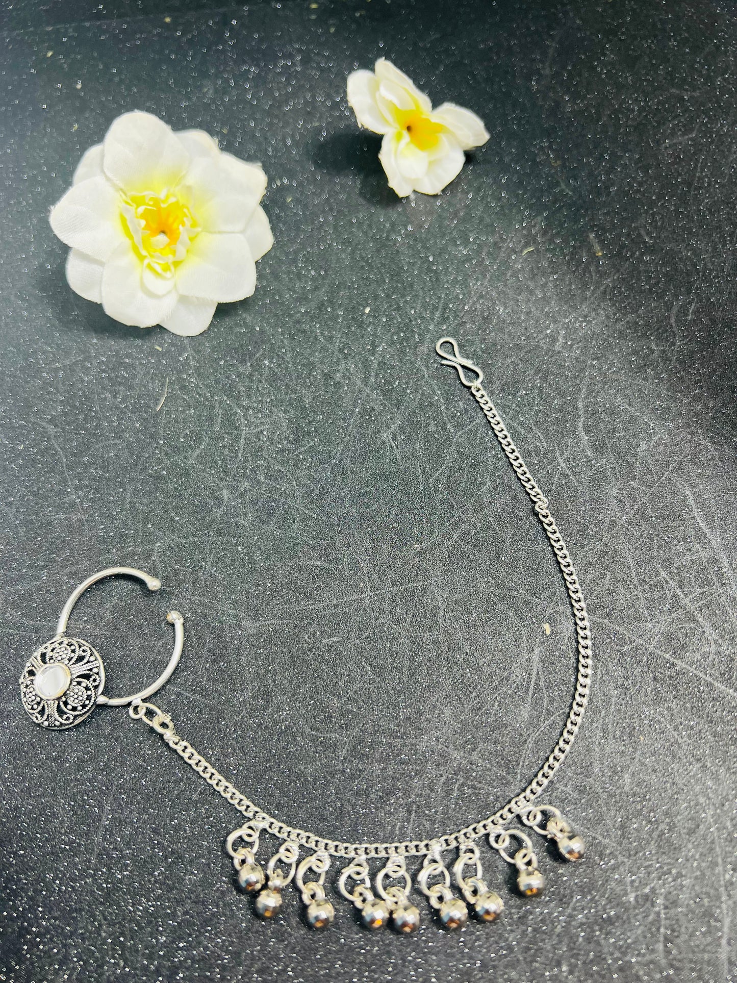 Silver Nose Cuff Set with Nose to Ear Chain /Indian Nose Ring/ Dangle Nose Ring