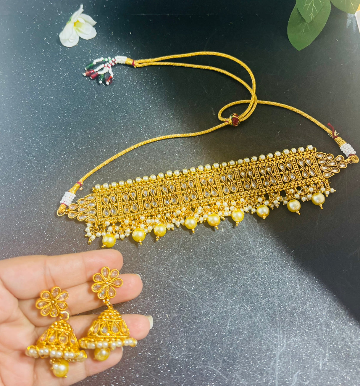 Gold Plated Choker necklace with Earrings
