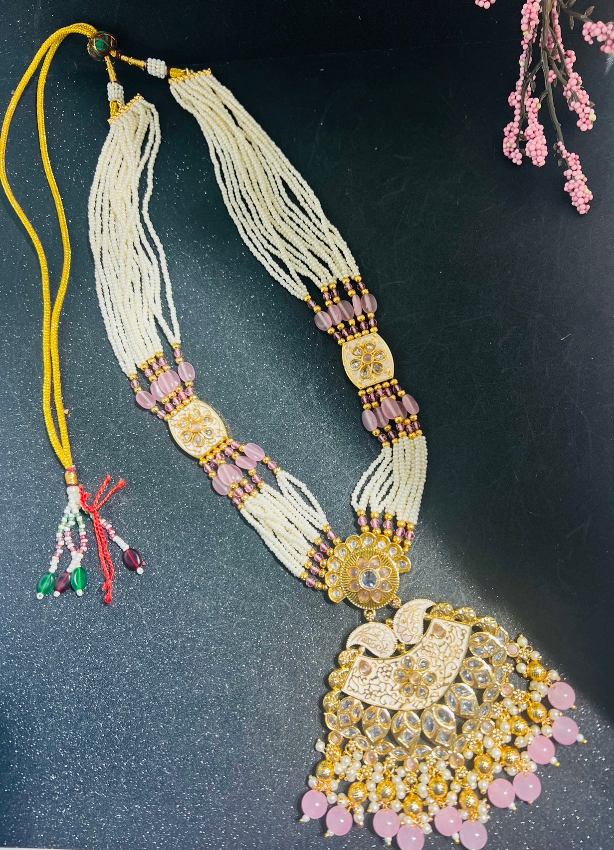 Meenakari Pearl Long Necklace with Earrings