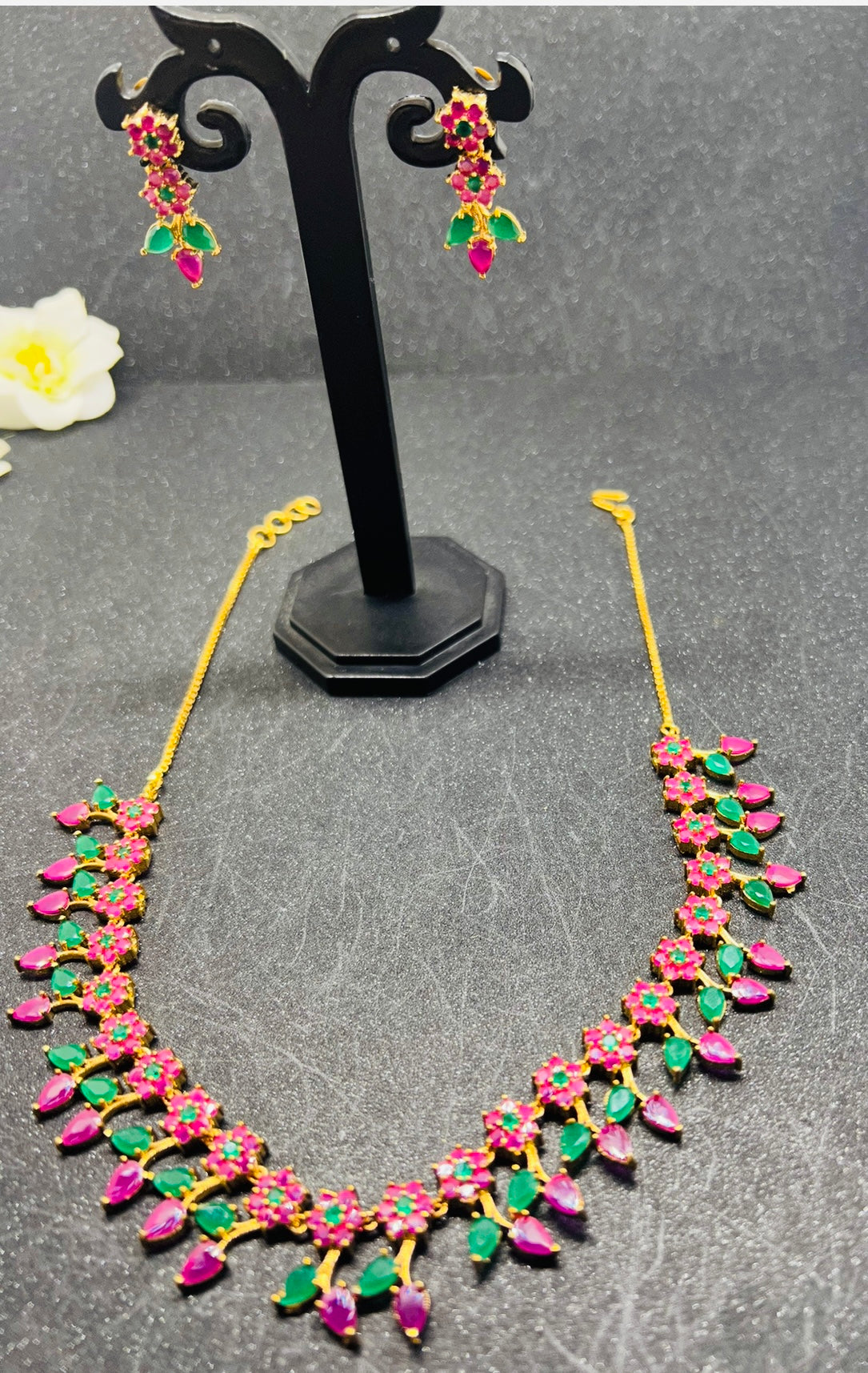 Crystal and Ruby Necklace with Ear drops