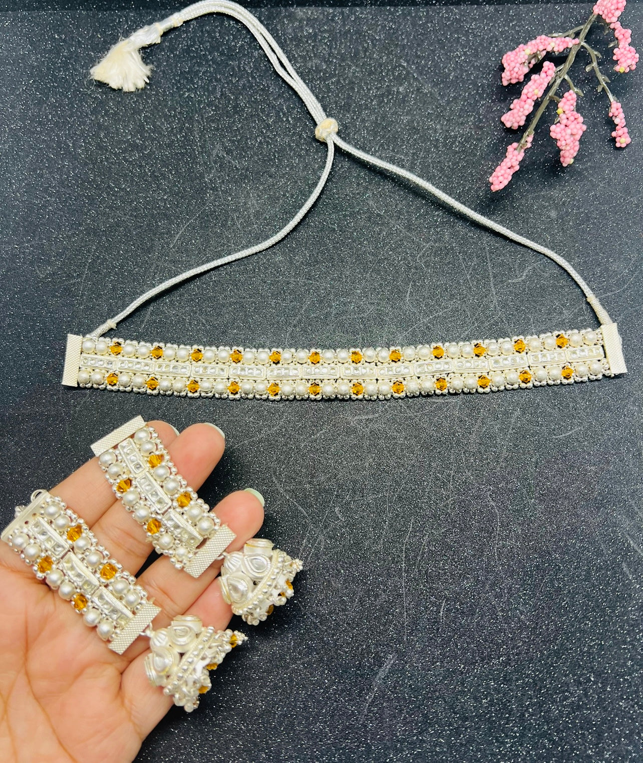 Silver matte finish choker with earrings/ ear chain
