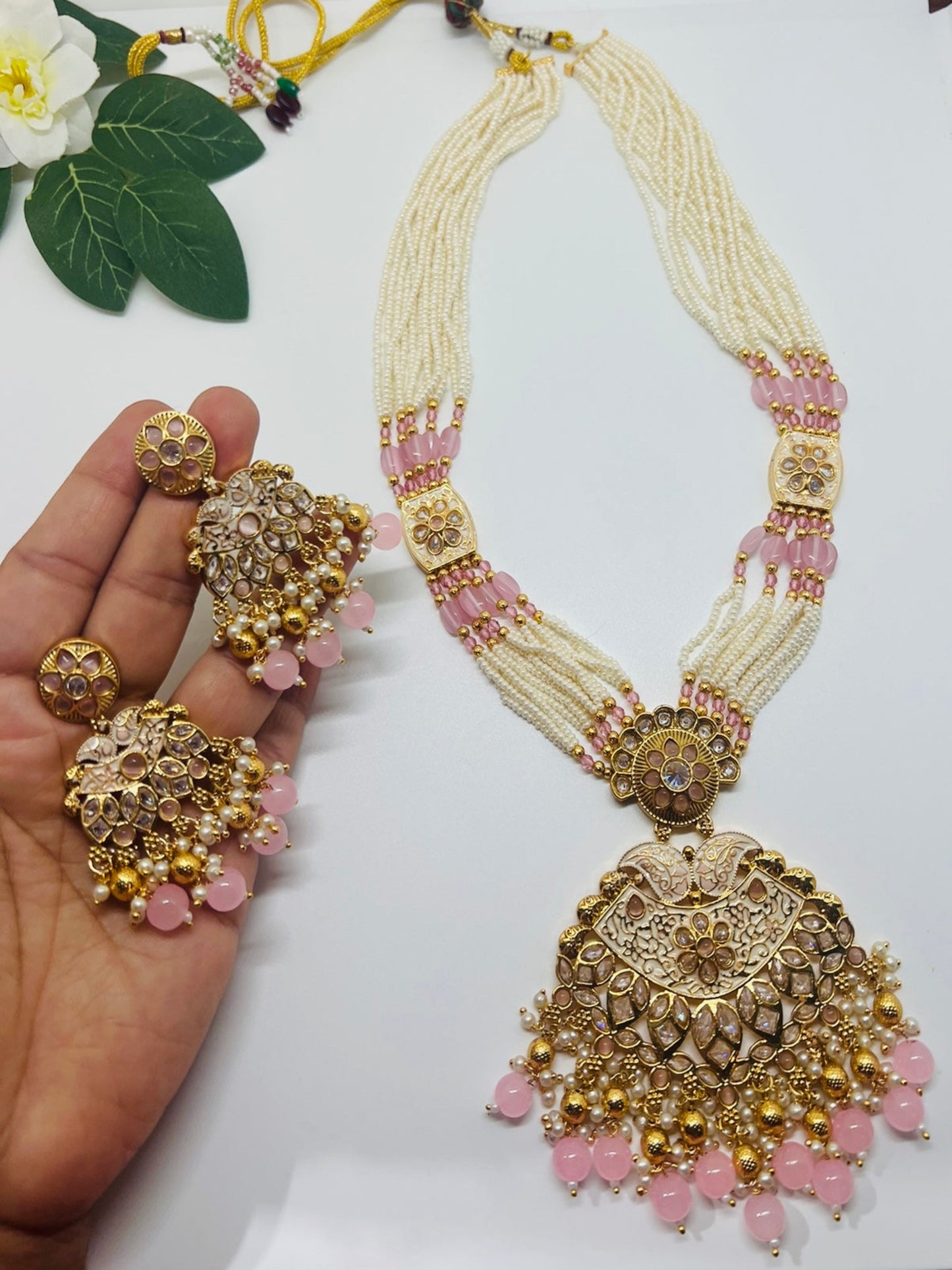 Meenakari Pearl Long Necklace with Earrings