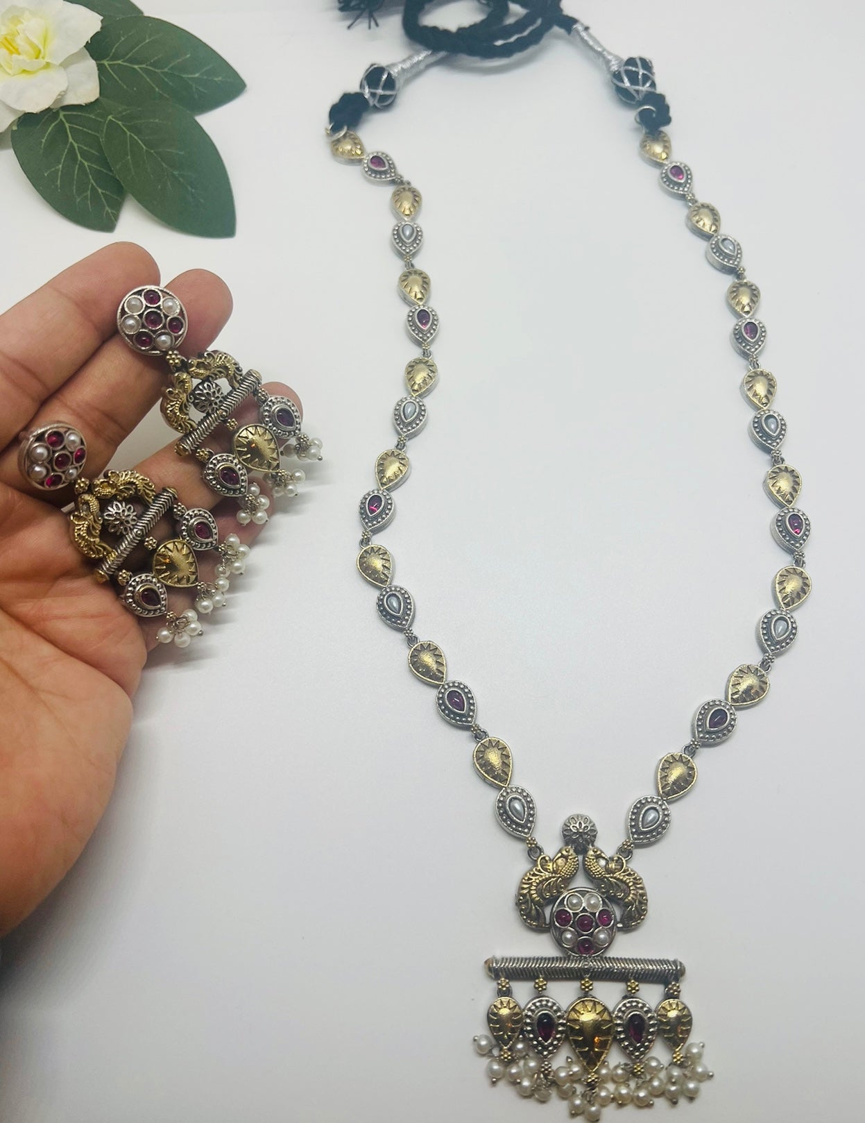 Dual Tone Long Necklace Set