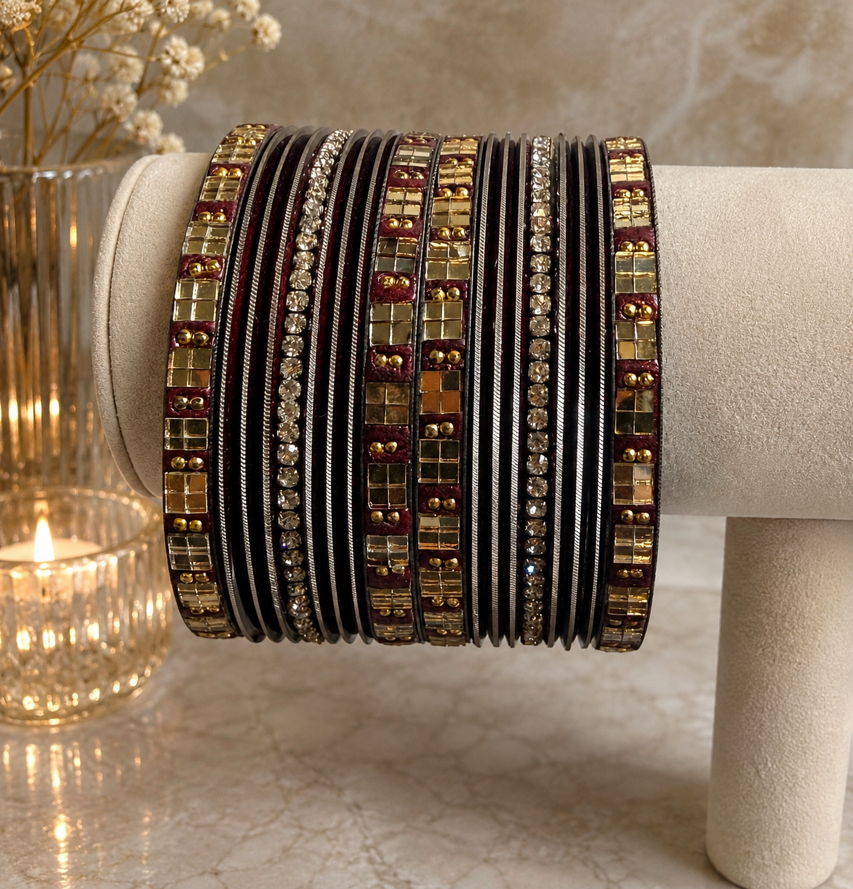 Maroon Diamond Bangle Set. Size 2.6