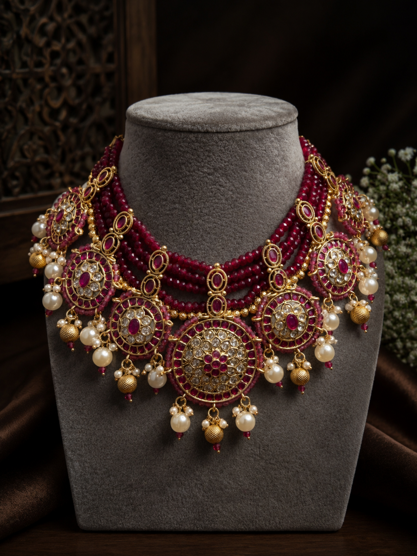 Pink Crystal and Stonework Necklace Set