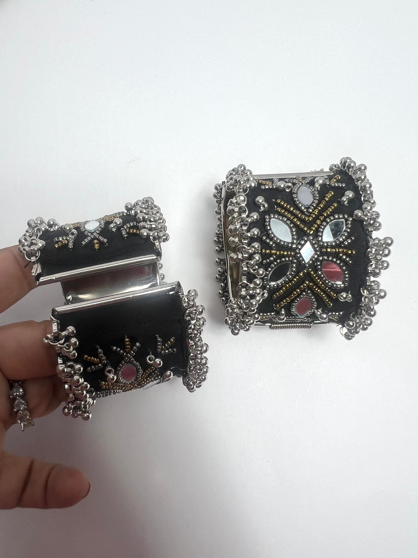 Fabric ghungroo and mirror work openable bracelets