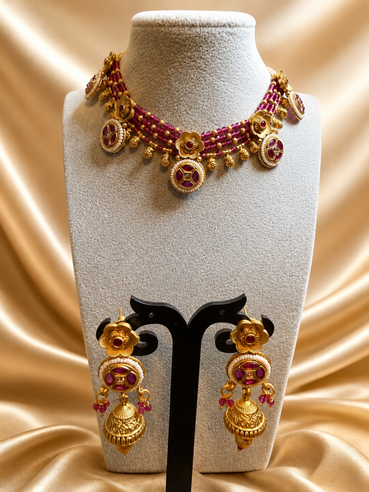 Gold-Plated  & Pink Bead  Choker Set