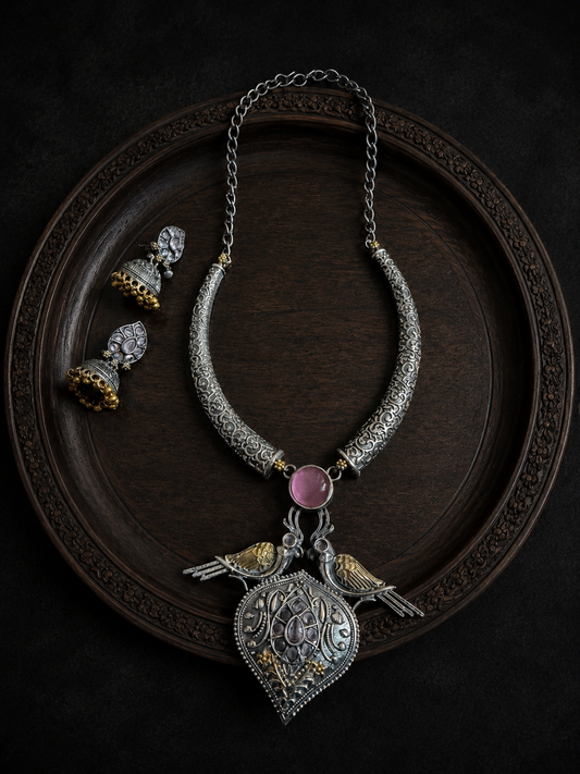 Dual Tone Choker Necklace with Jhumka Earrings.