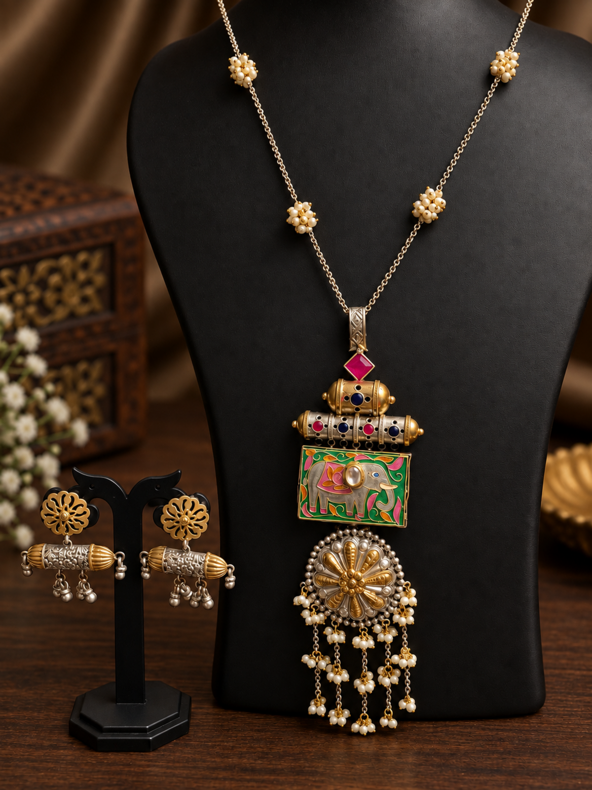 Elephant and Pearl long Necklace Set