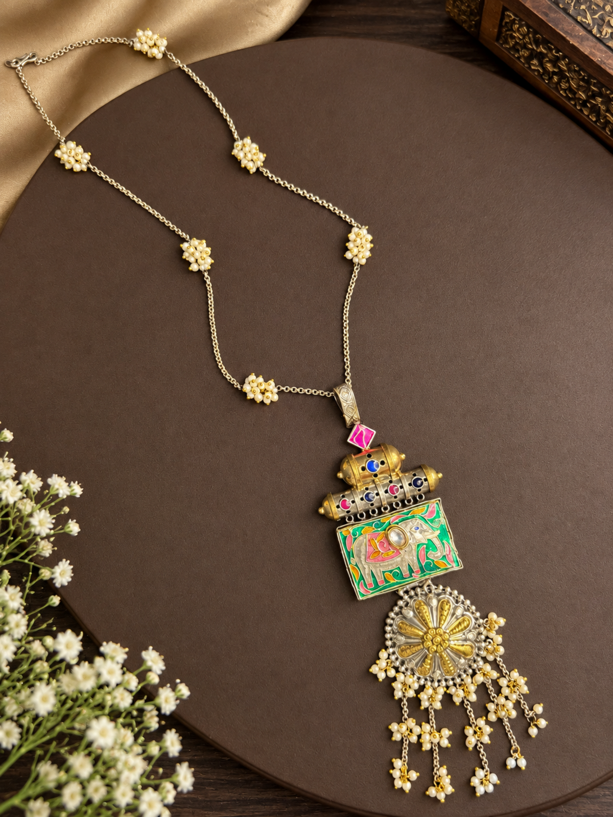 Elephant and Pearl long Necklace Set