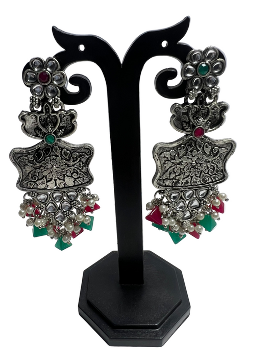 German Silver Maroon & Green Earrings