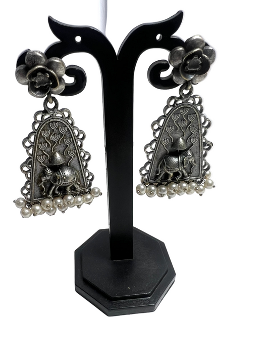 German Silver  Elephant & Flower Earrings
