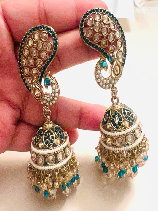 Jhumka Blue/Pink Beads Earrings