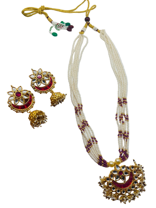 Long Pearl Kundan Necklace with chandbali Earrings