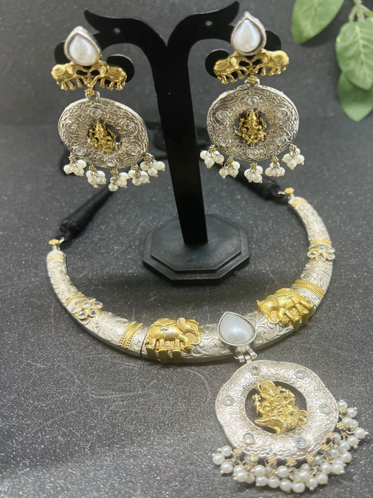 Temple Lord Ganeshji  Dual Tone Necklace Set