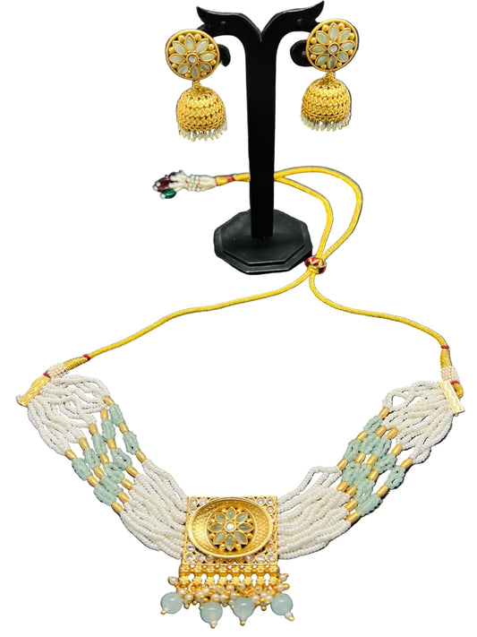 Gold Plated Choker Necklace with Jhumka Earrings.