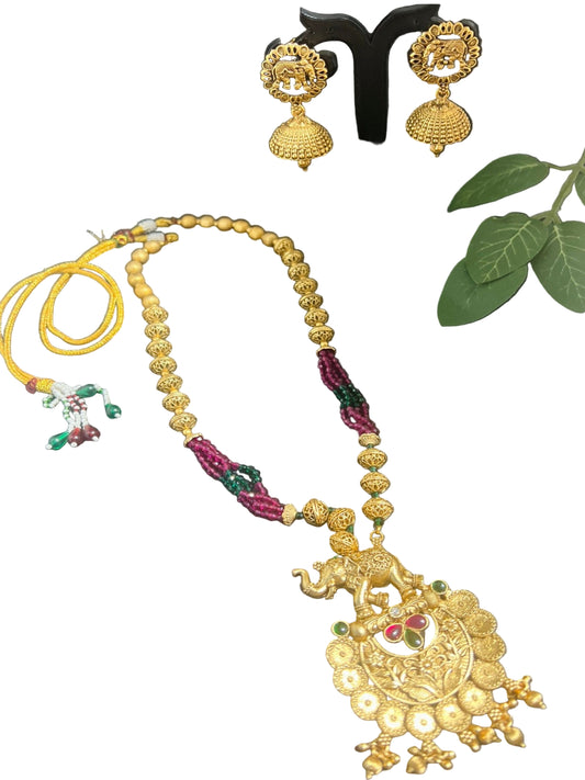 Temple Elephant Long Necklace Set