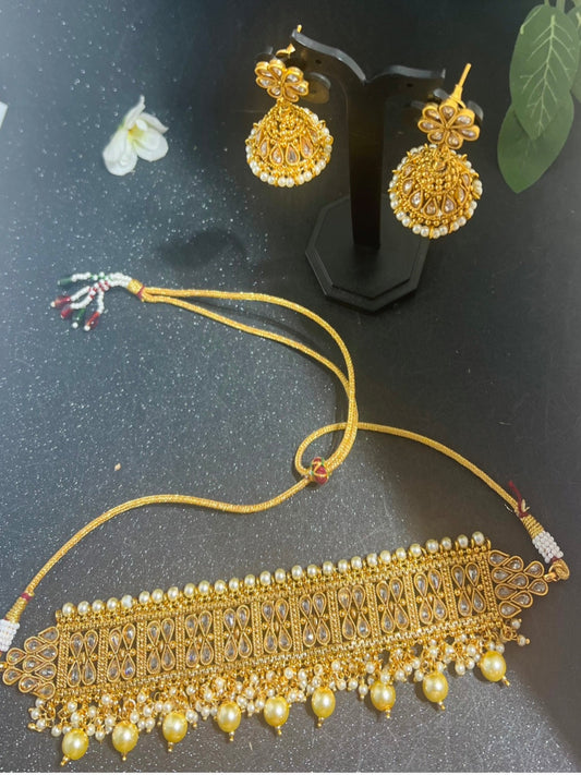 Gold Plated Choker necklace with Earrings