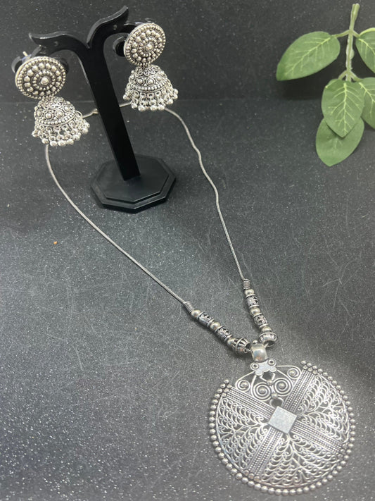 German Silver Pendant Necklace with Jhumka Earrings