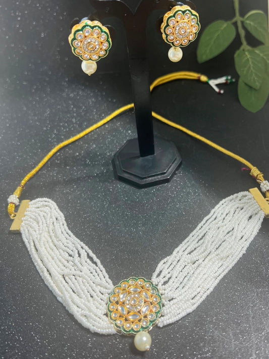 Pearl and Kundan Choker Necklace with Earrings