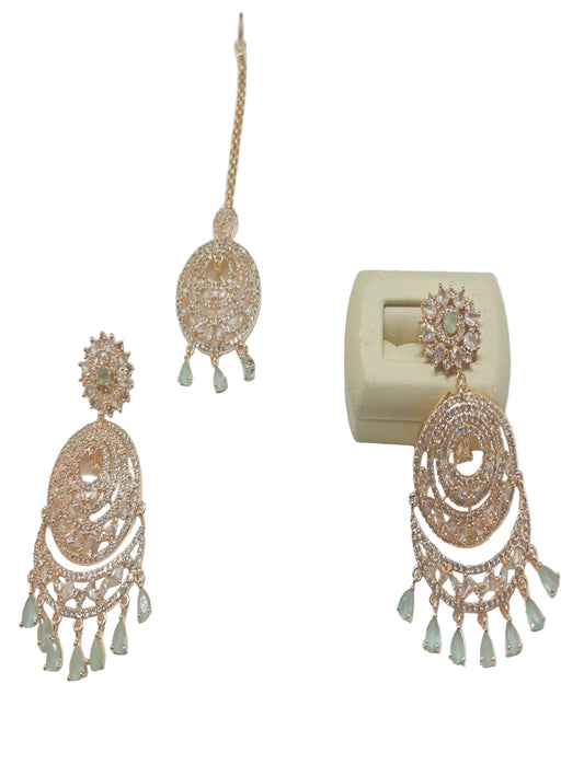 American Diamond (Rose gold Polish)Earrings and Maang Tikka