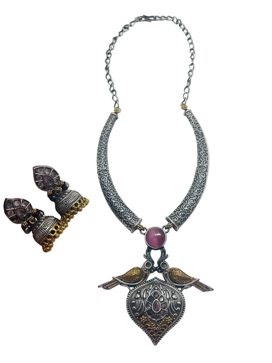 Dual Tone Choker Necklace with Jhumka Earrings.