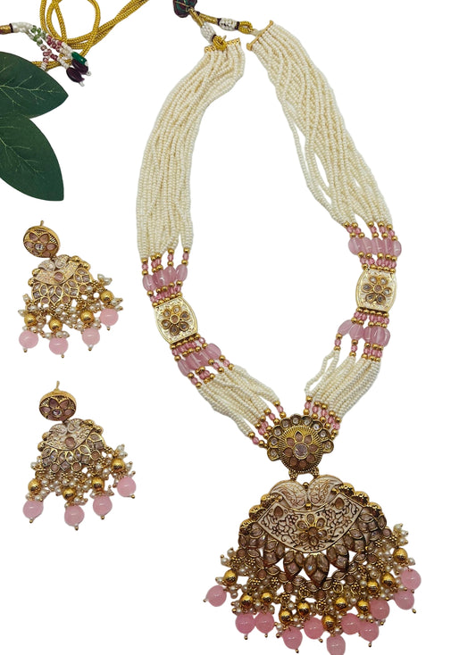 Meenakari Pearl Long Necklace with Earrings