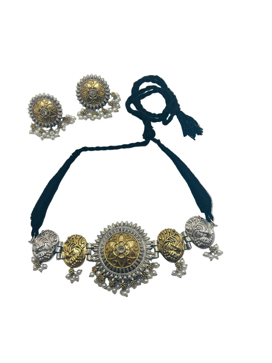 Dual-Tone Choker Style Necklace with earrings.