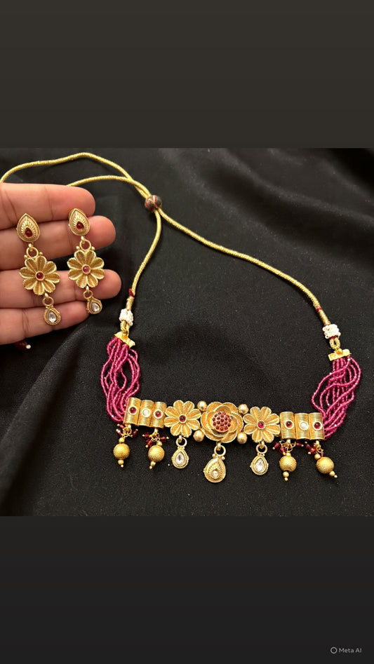 Dark pink Rajwadi Choker/necklace Set
