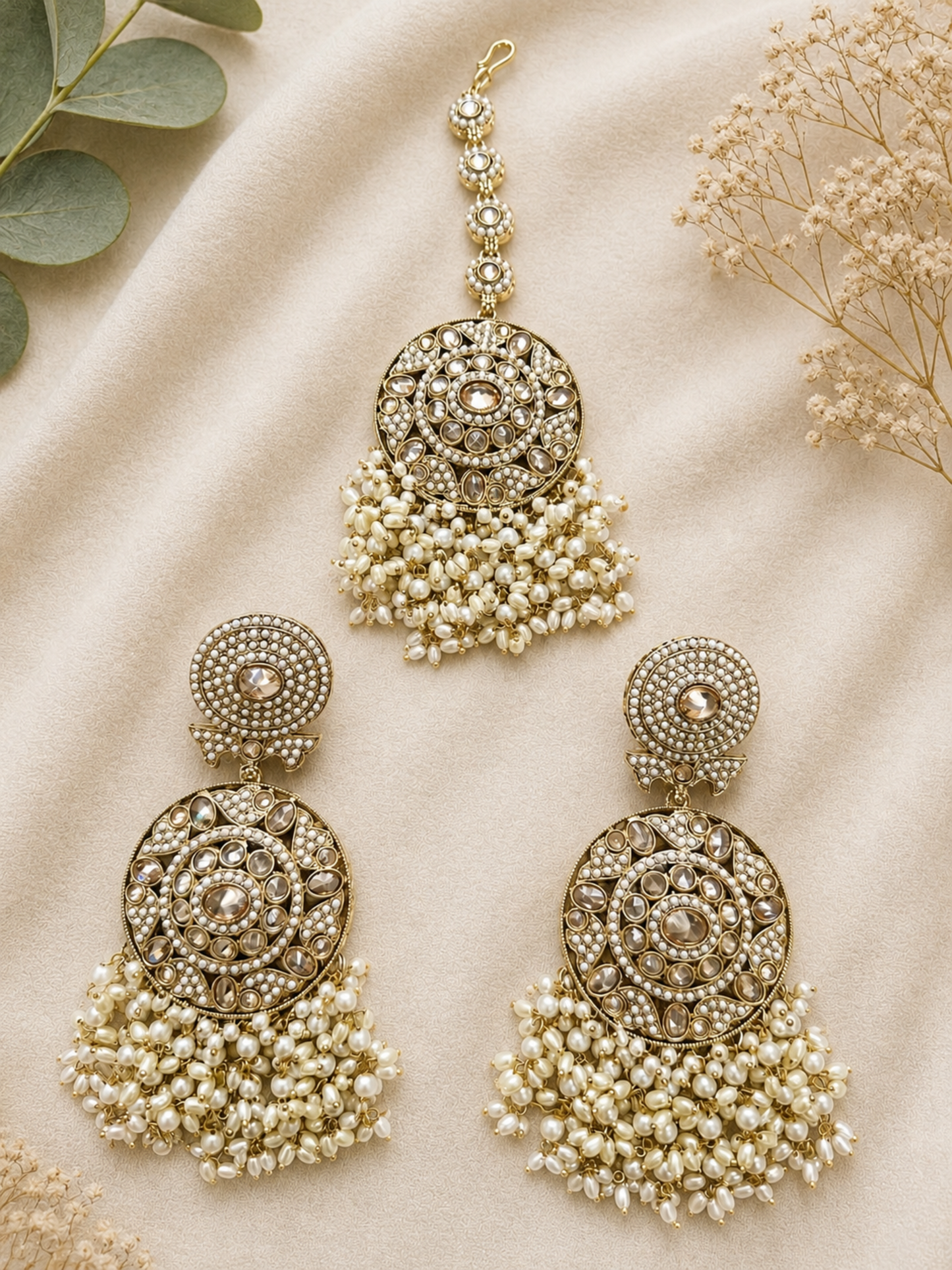 Pearl Earrings with Maang Tikka