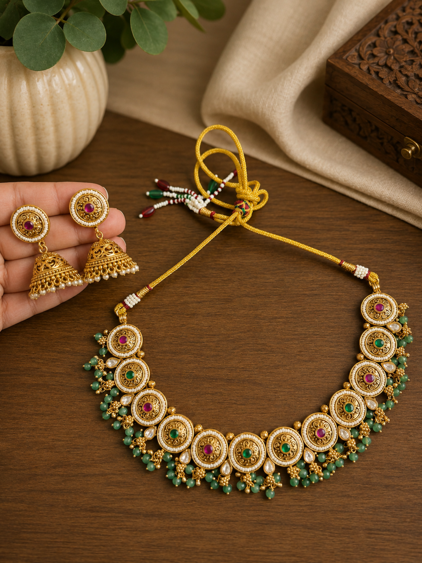 Rajwadi Hasdi Set- Pink and Green Stones