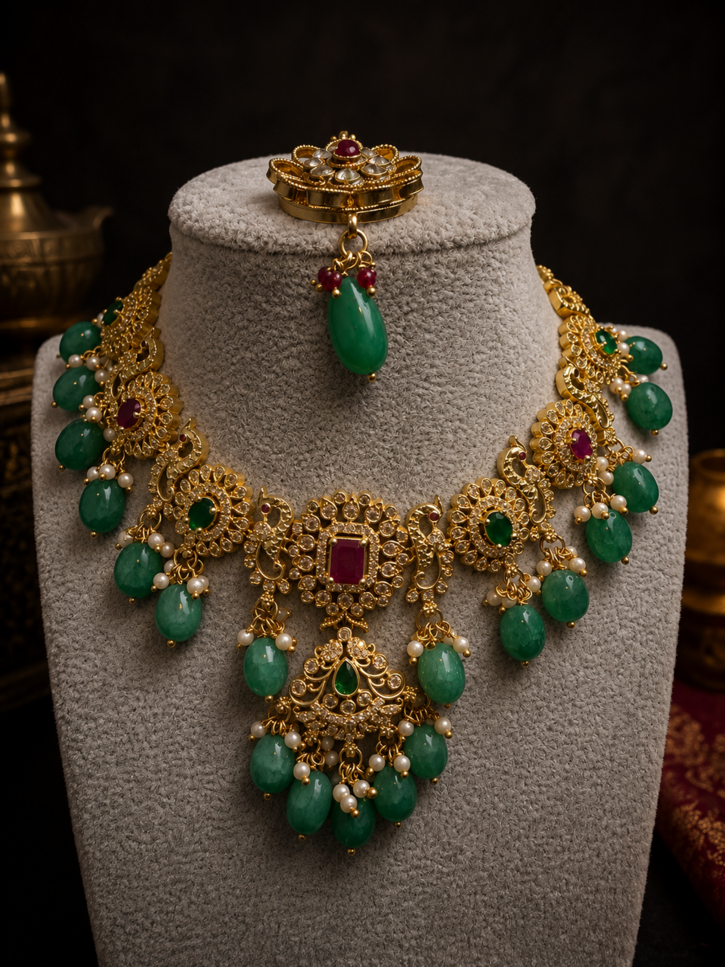 Pink and Green Gold Plated Necklace Set