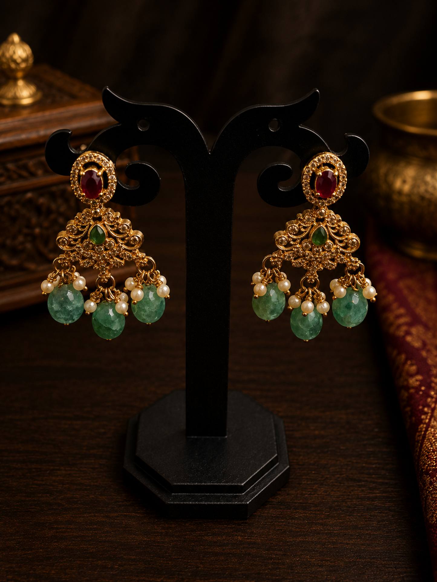 Pink and Green Gold Plated Necklace Set