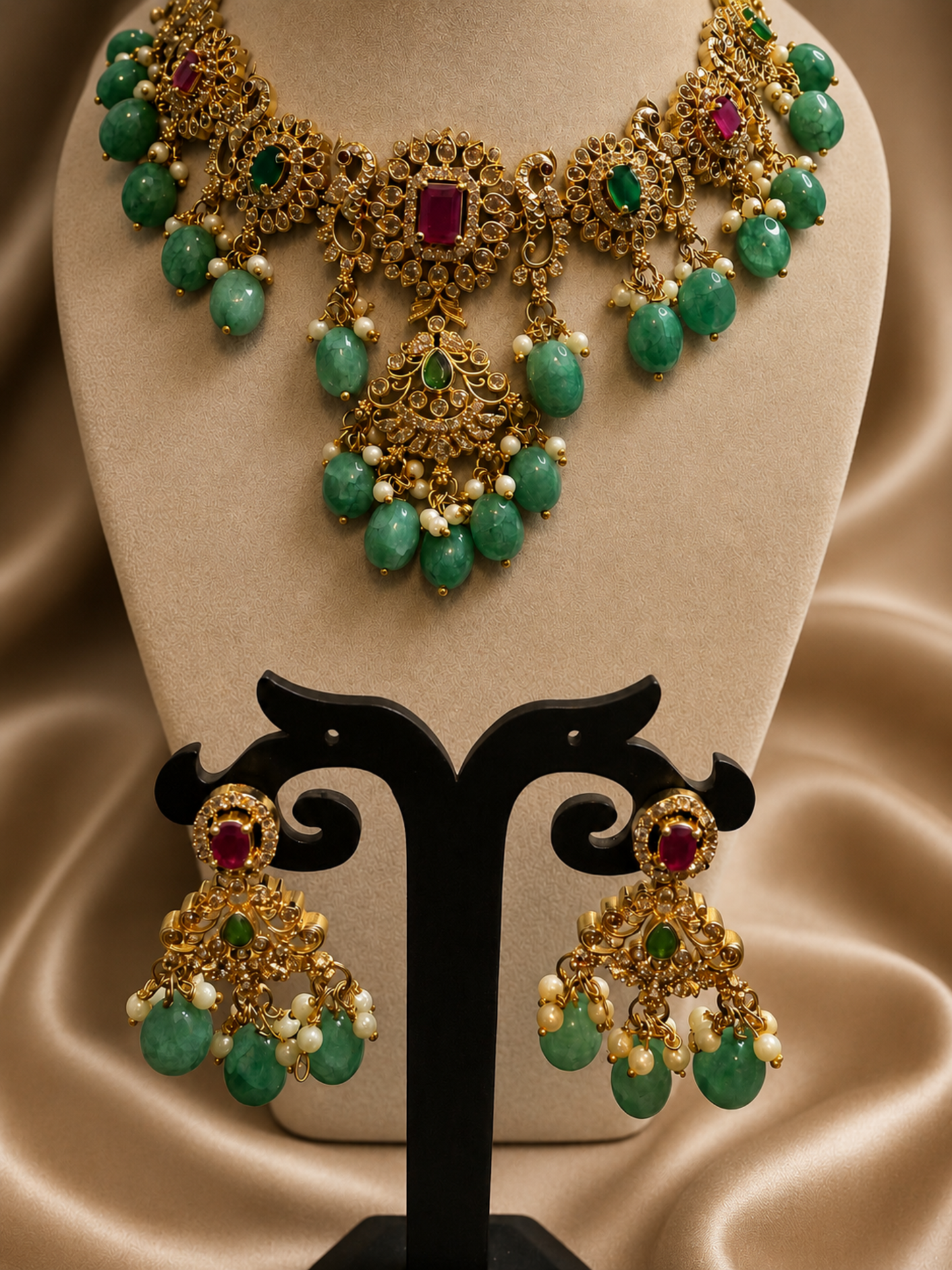 Pink and Green Gold Plated Necklace Set