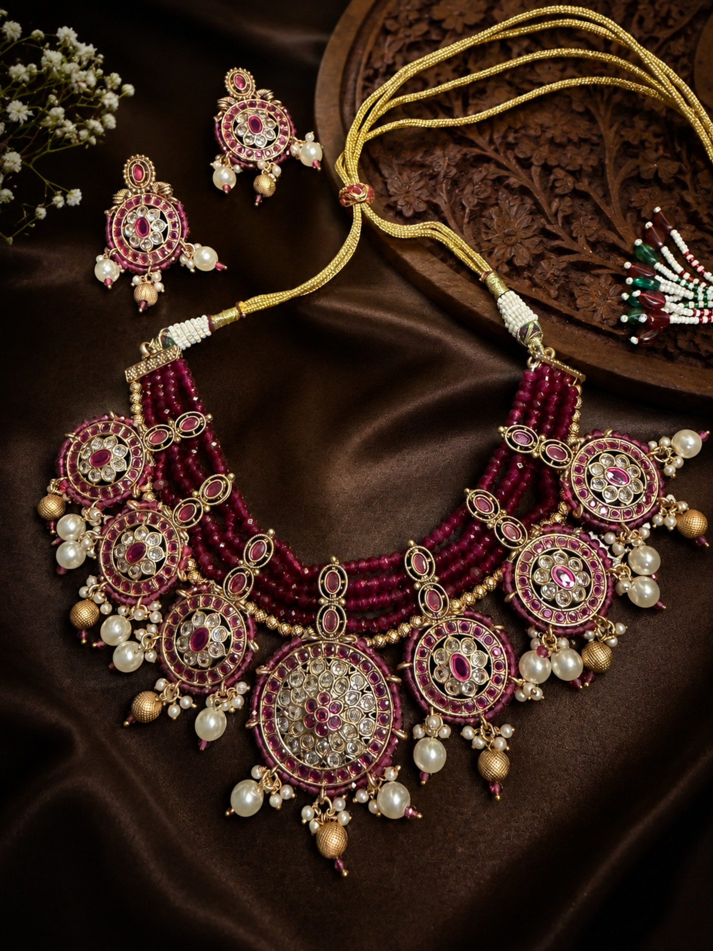 Pink Crystal and Stonework Necklace Set