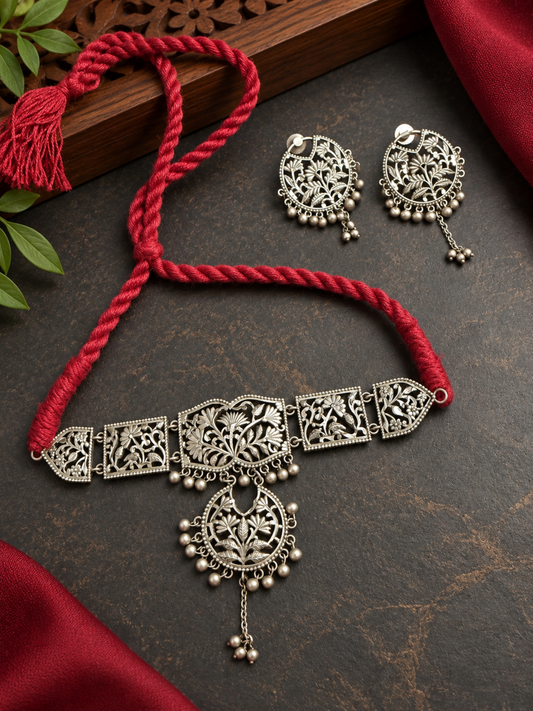 Red threadwork  & German Silver Choker/Necklace Set
