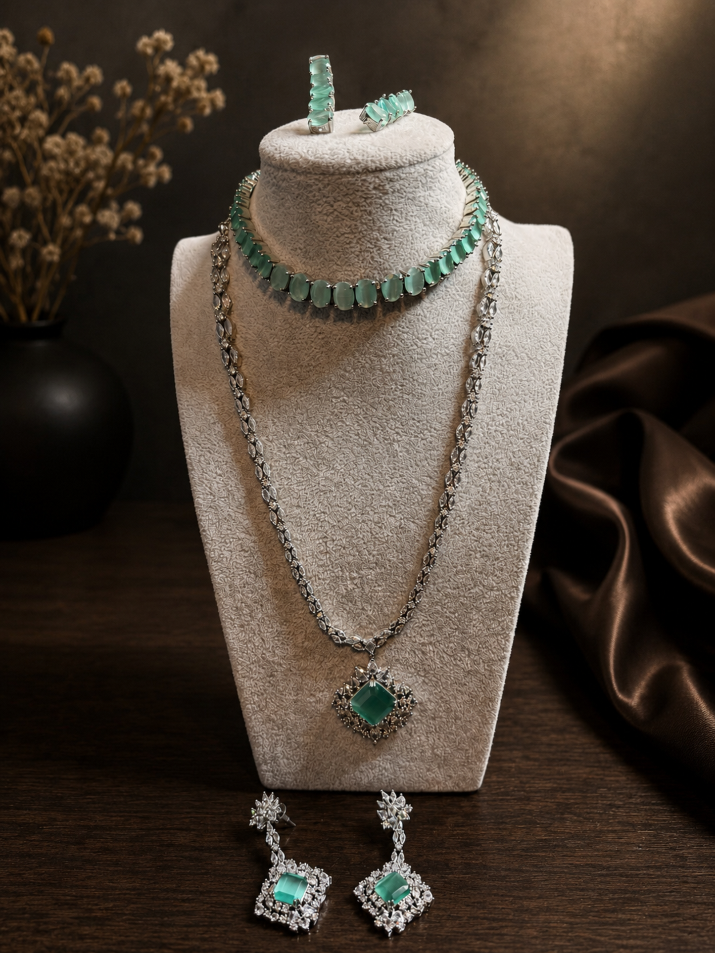 Light Green Rhodium Necklace Set