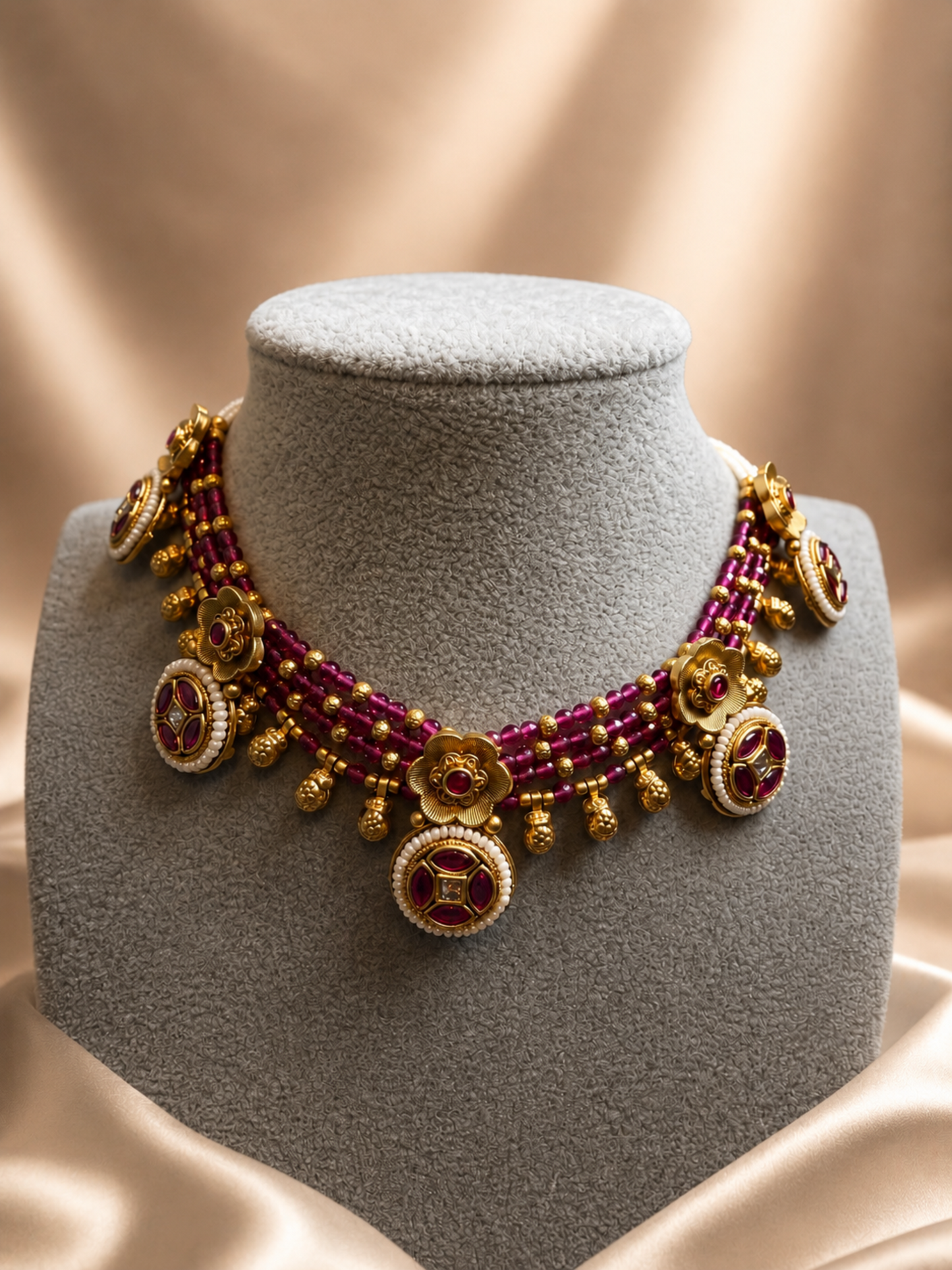 Gold-Plated  & Pink Bead  Choker Set
