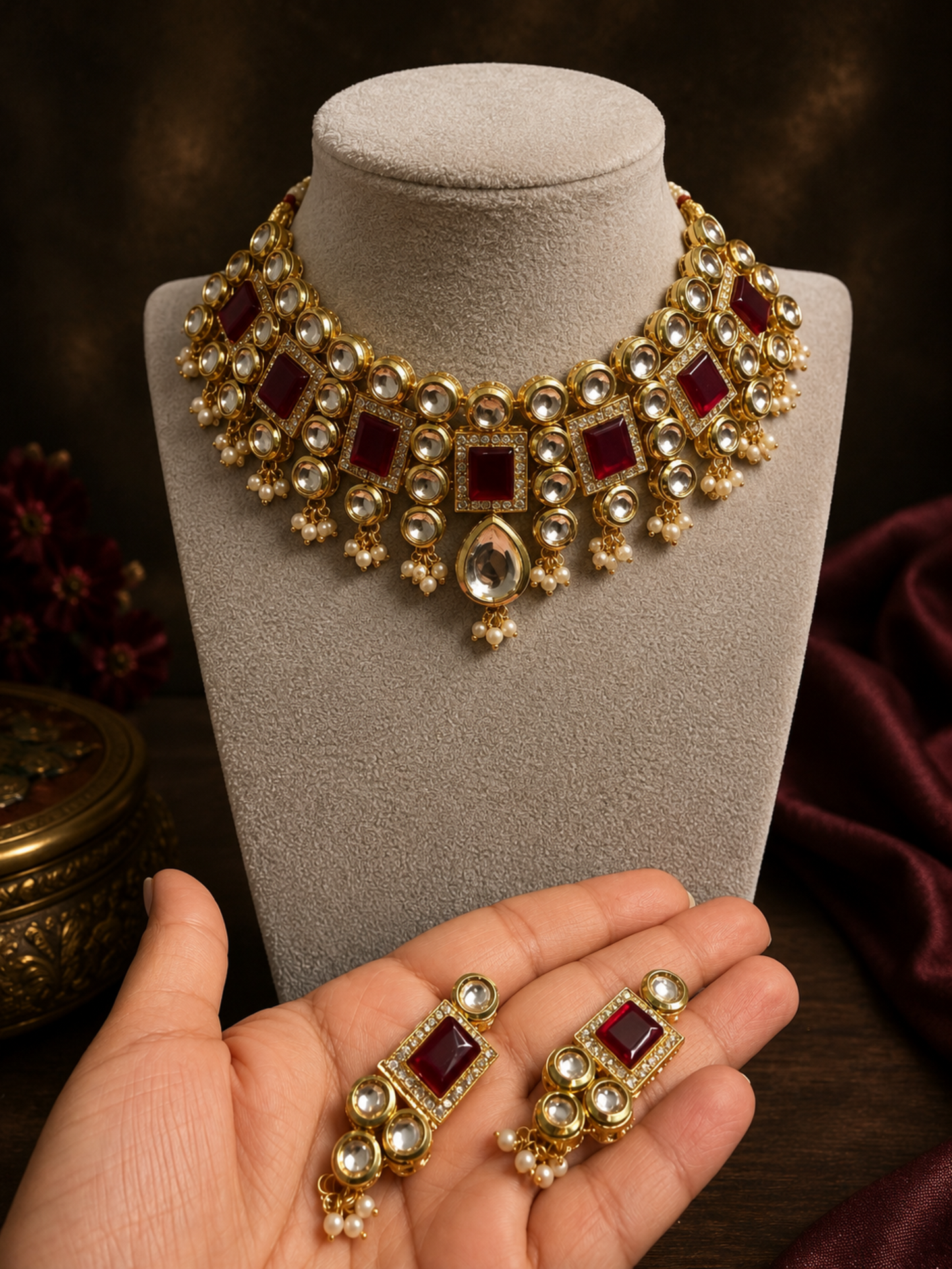 Kundan and Maroon Stone Necklace Set