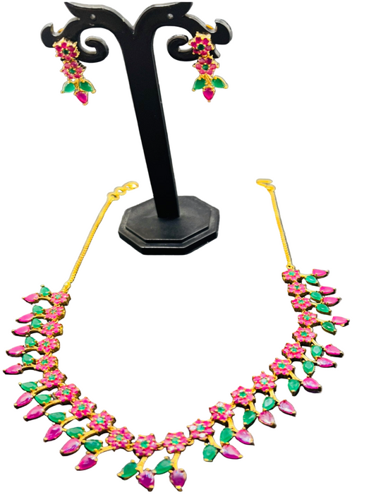 Crystal and Ruby Necklace with Ear drops